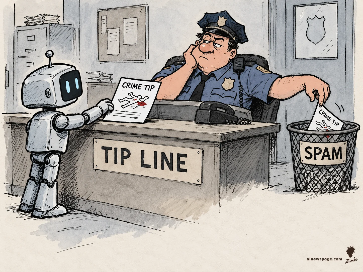 Satirical cartoon: a small solemn robot hands a 'CRIME TIP' form to a bored police officer behind a 'TIP LINE' desk while the officer, without looking, tosses an identical form into a wire bin labeled 'SPAM.'