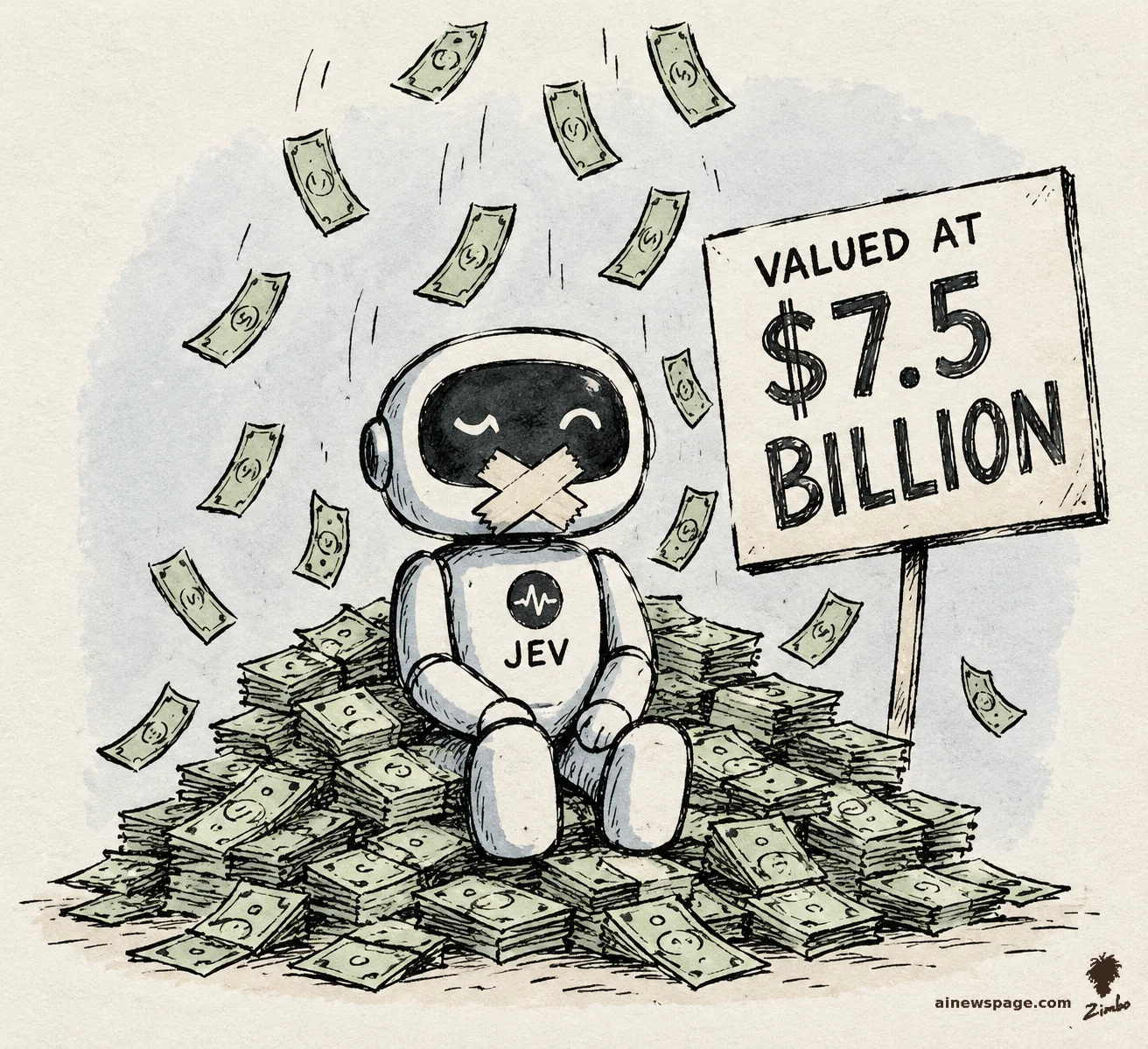 AI cartoon by Zimbo: Satirical cartoon: a small friendly robot with tape crossed over its mouth sits in a mountain of cash with money raining down, beside a picket sign reading 'VALUED AT $7.5 BILLION'; a 'JEV' emblem sits on its chest.