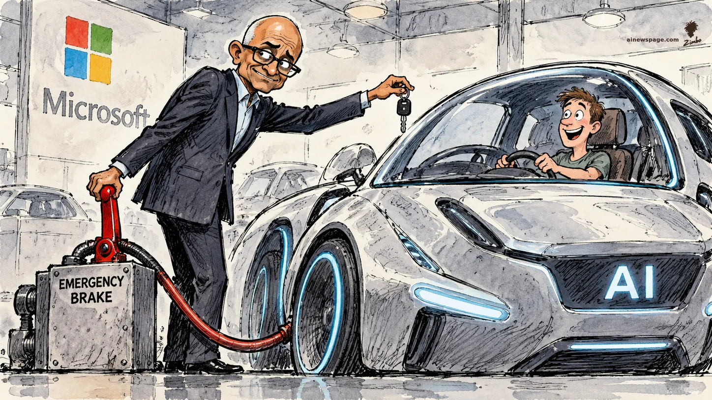 AI cartoon by Zimbo: Satirical cartoon: a suited caricature of Microsoft CEO Satya Nadella in a showroom hands a car key to a grinning customer in a futuristic silver car labeled AI, while his other hand grips a red lever on a metal box labeled EMERGENCY BRAKE wired by a hose into the car.