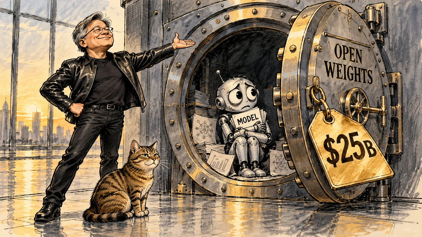 AI cartoon by Zimbo: Satirical cartoon: Jensen Huang in a leather jacket beams beside a giant open bank vault labeled OPEN WEIGHTS; inside sits a worried robot clutching papers labeled MODEL while a gold $25B price tag hangs on the vault door; a tabby cat watches impassively.