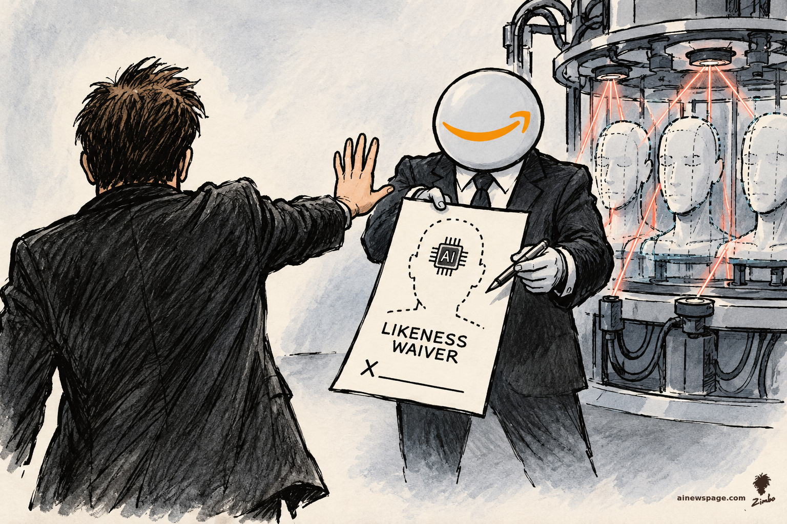 AI cartoon by Zimbo: Satirical cartoon: a performer seen from behind holds up a refusing hand while a suited figure with an Amazon-smile orb head holds out an unsigned LIKENESS WAIVER form; behind them a machine with red lasers scans blank heads.
