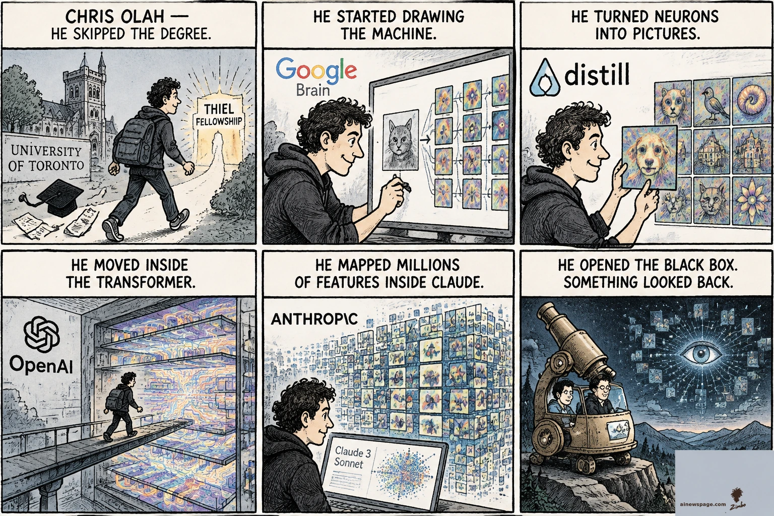 AI cartoon by Zimbo: Sunday strip: Chris Olah — Thiel Fellowship over a degree; neural nets drawn at Google Brain; Distill's Feature Visualization; transformer circuits at OpenAI; millions of features inside Claude 3 Sonnet; finale: Olah and Dario Amodei in a microscope at a lookout, an eye staring back from the box.