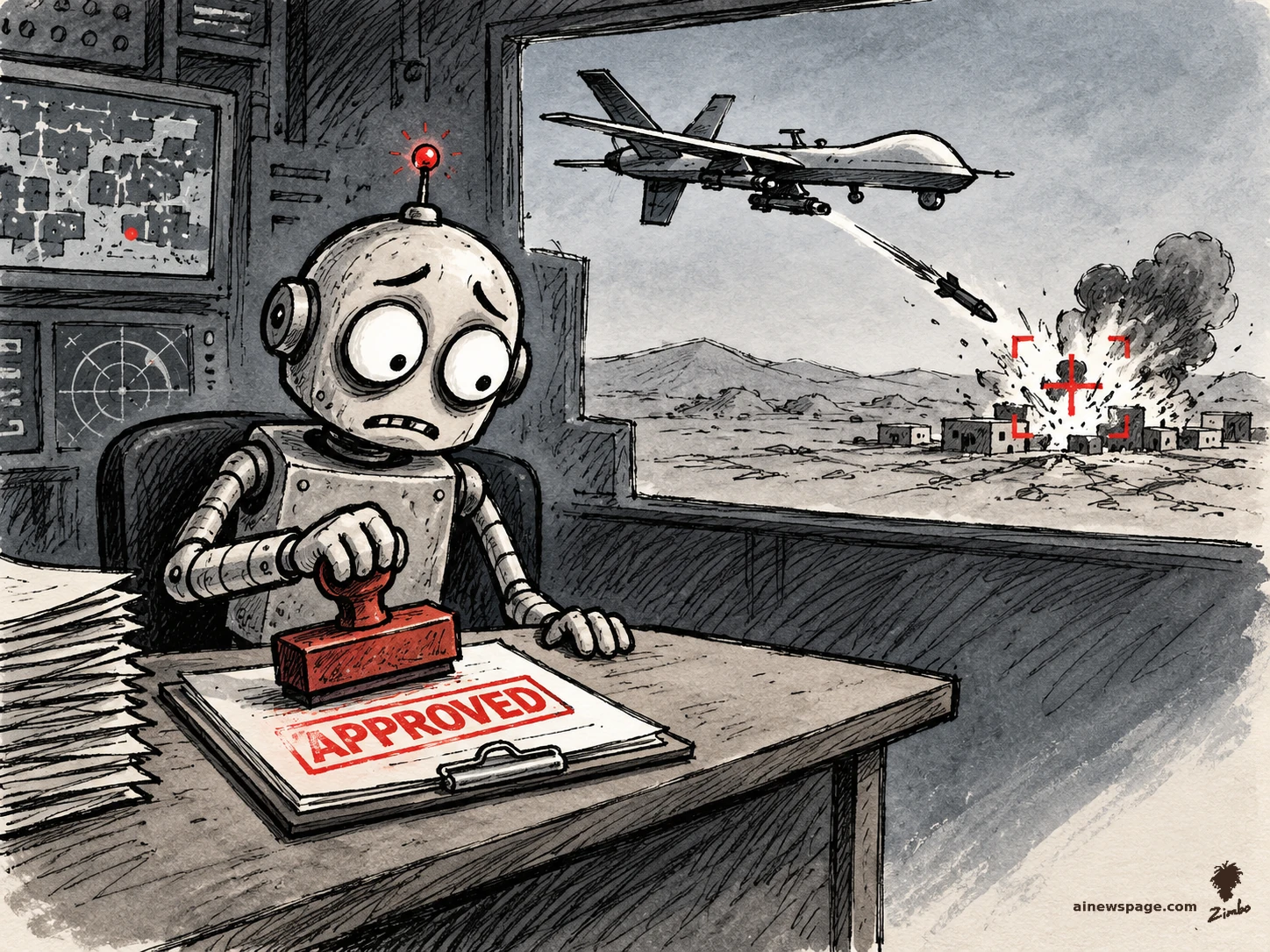 AI cartoon by Zimbo: Satirical cartoon: a worried round-headed robot stamps APPROVED in red on paperwork while, through the window behind him, an AI drone fires a missile into a targeted village.