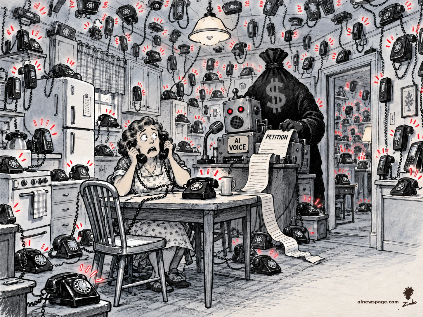 AI cartoon by Zimbo: Satirical cartoon: a 1950s kitchen overrun by ringing telephones while a shadowy money-bag figure feeds a PETITION scroll into an AI VOICE robot; a horrified woman holds two receivers.