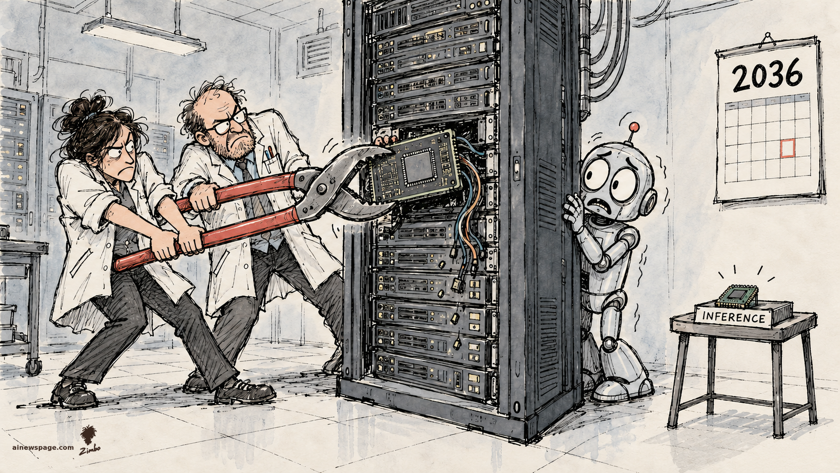 Satirical cartoon: two researchers in lab coats yank a giant training chip from a server rack with enormous pliers, like pulling a rotten tooth, while a worried robot clutches the rack; a tiny chip labeled INFERENCE waits on a stool and a wall calendar reads 2036.