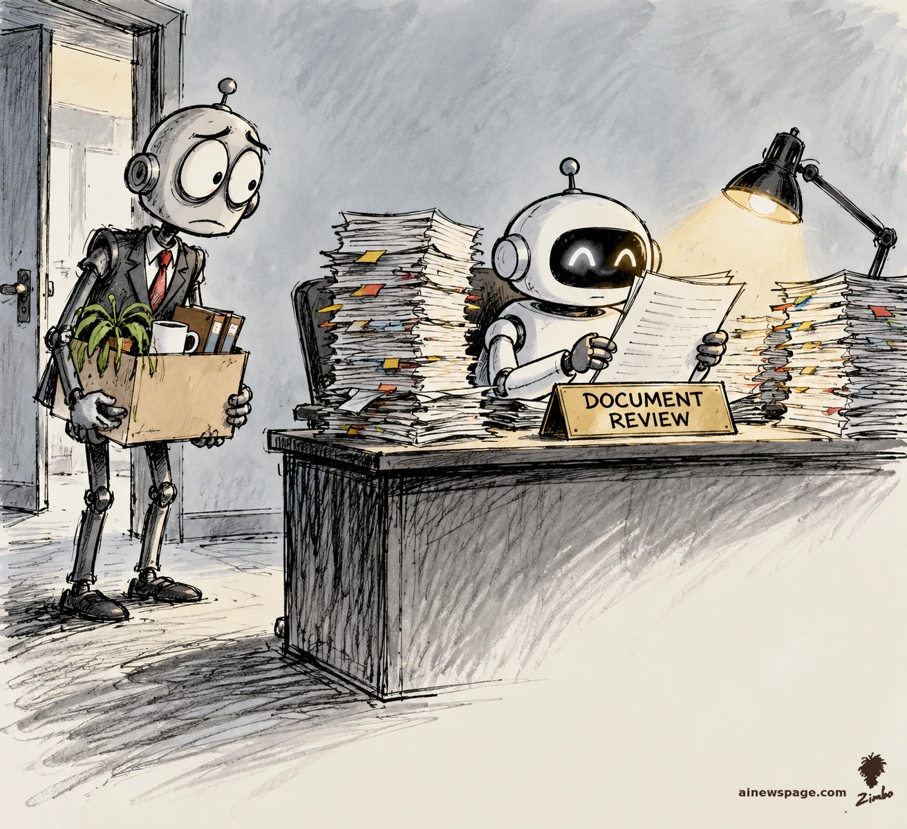 AI cartoon by Zimbo: Satirical cartoon: a glum suited robot carries a box of desk belongings out the door while a cheerful small robot happily reviews towering stacks of legal documents beneath a DOCUMENT REVIEW desk sign.