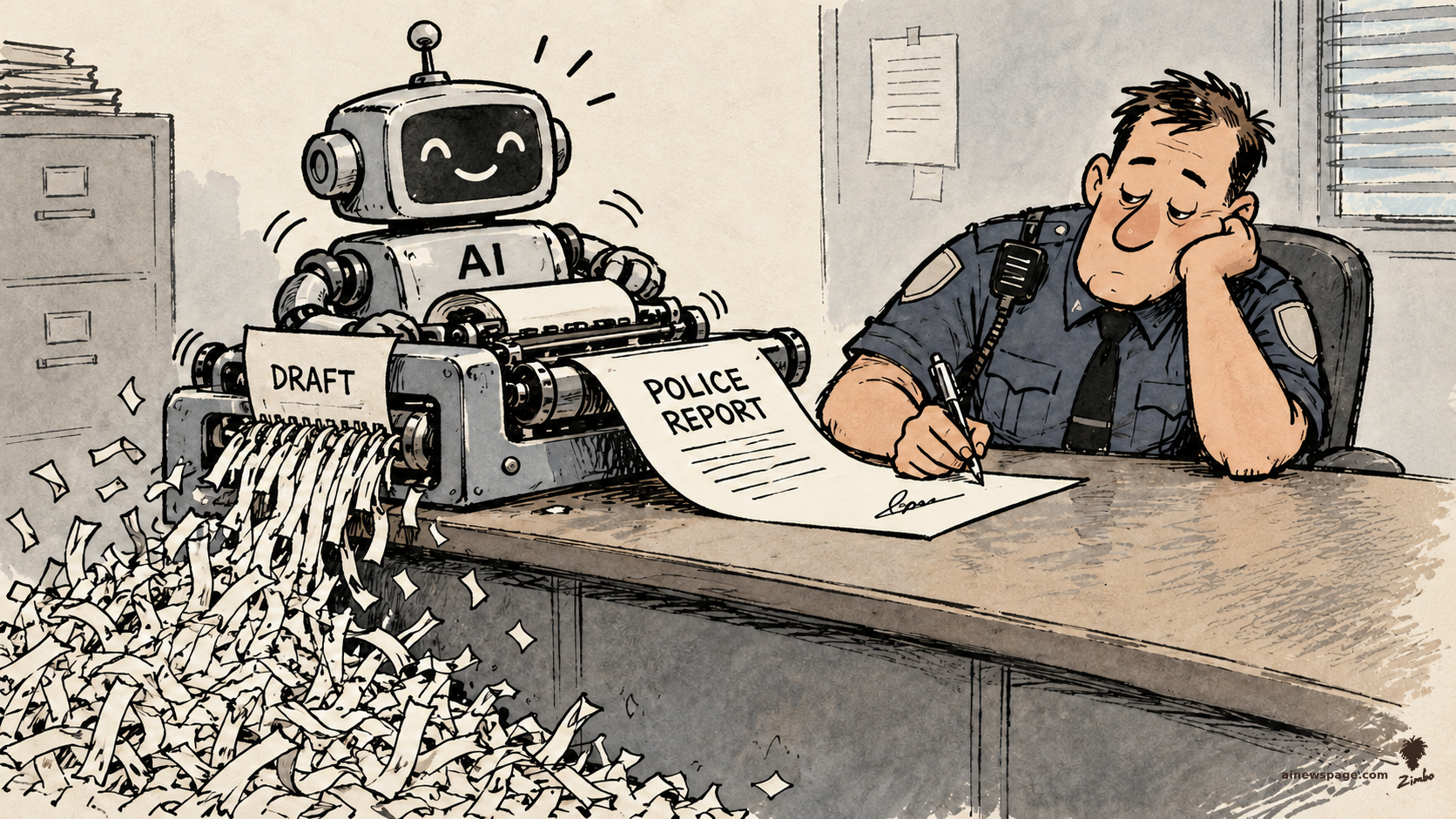 Satirical cartoon: a cheerful retro robot labeled AI types on a typewriter with a built-in shredder — the DRAFT feeds into shredding teeth while a bored officer signs the emerging POLICE REPORT sheet; shredded paper piles on the floor.