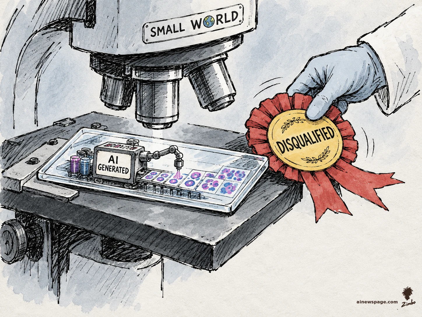 Satirical cartoon: a gloved judge's hand slaps a red DISQUALIFIED ribbon onto a microscope slide where a tiny machine labeled AI GENERATED prints fake cells under a SMALL WORLD microscope.