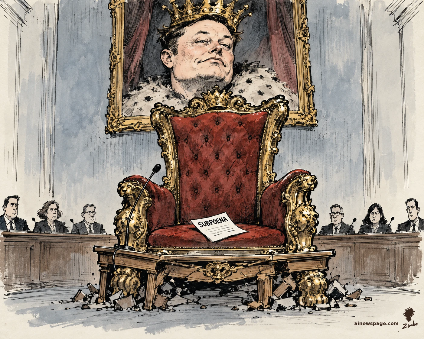 AI cartoon by Zimbo: Satirical cartoon: an empty red-and-gold throne holds a paper reading SUBPOENA while stern council members look on; above hangs a framed portrait of a smug crowned Elon Musk in ermine robes.
