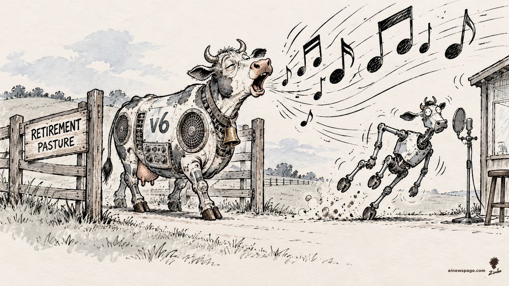 AI cartoon by Zimbo: Satirical cartoon: a giant elderly mechanical cow labeled V6 bellows enormous musical notes from a gate marked RETIREMENT PASTURE, blasting a skinny replacement robot cow off its feet near a recording booth.