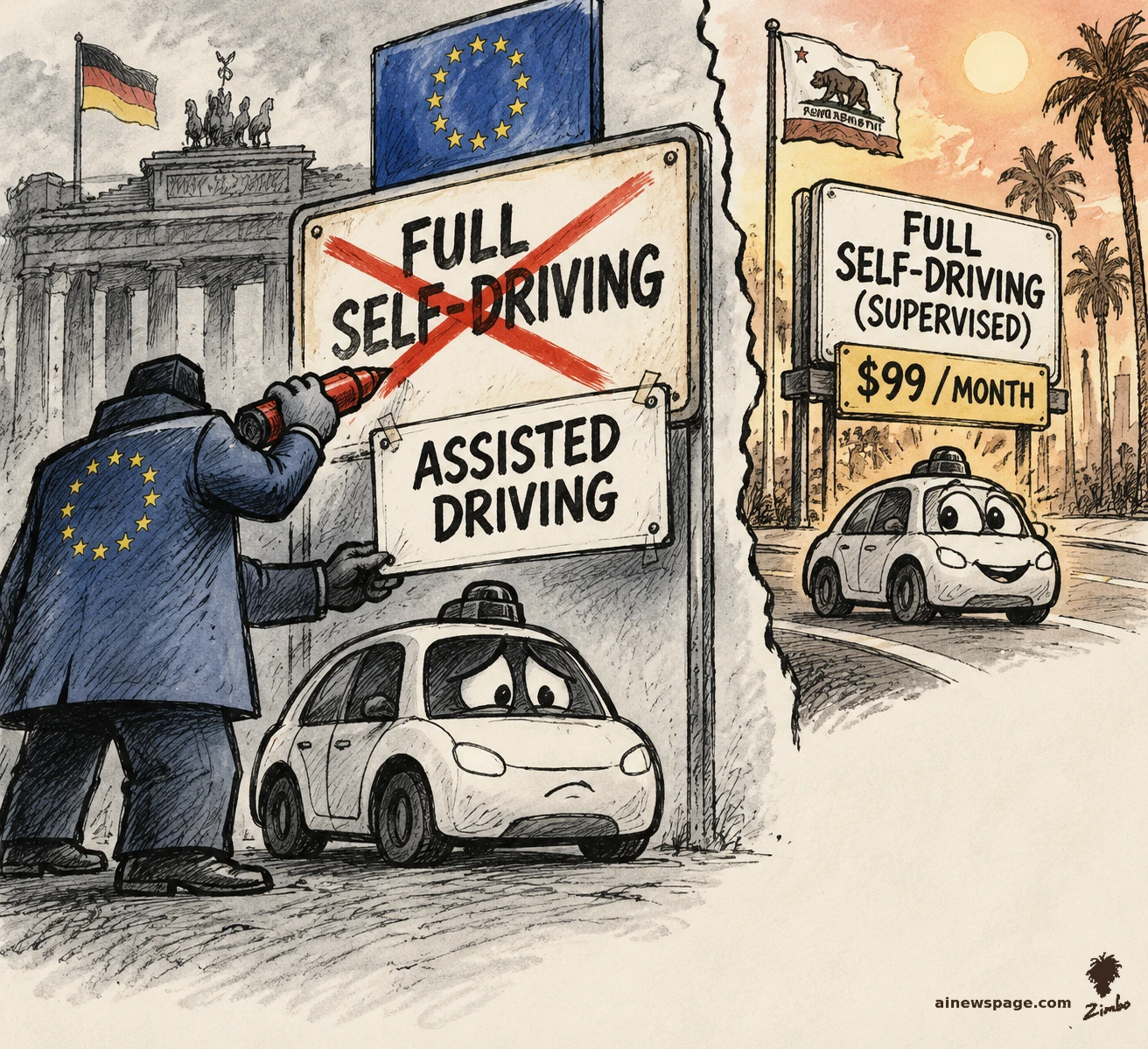 AI cartoon by Zimbo: Satirical cartoon: an EU-coated regulator crosses out FULL SELF-DRIVING with a red marker and tapes up an ASSISTED DRIVING sign, while a California billboard still advertises FULL SELF-DRIVING (SUPERVISED) $99/MONTH beside a happy generic robotaxi.