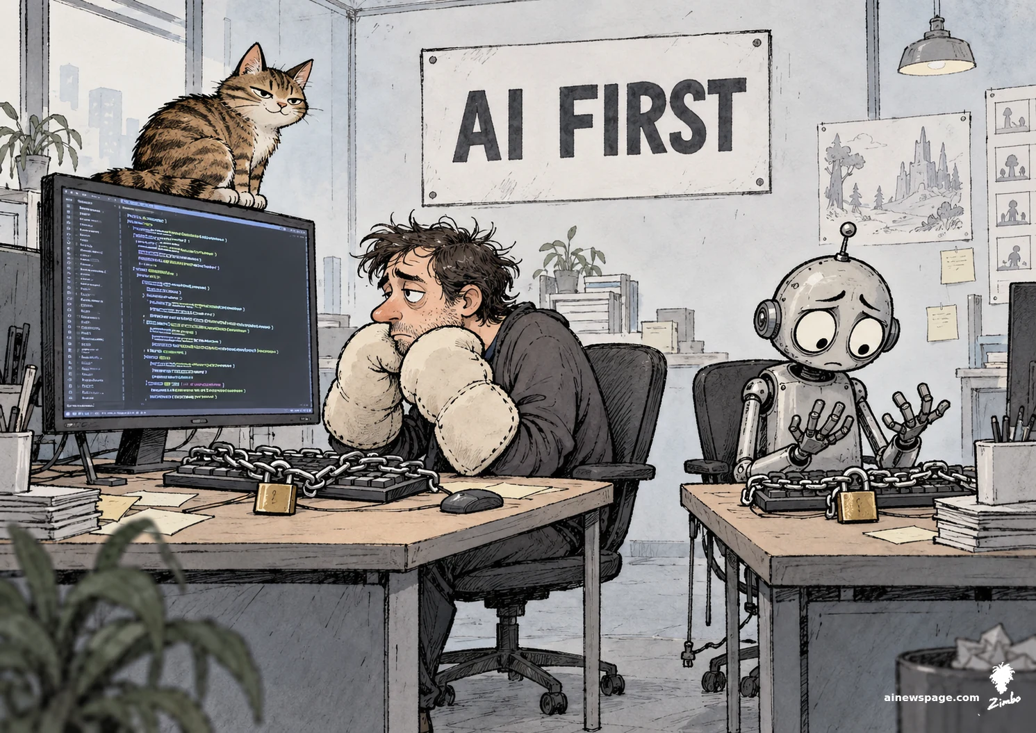 AI cartoon by Zimbo: Satirical cartoon: a weary game developer in padded mittens stares at a monitor where code types itself, his keyboard chained shut with a padlock; a worried robot hovers useless hands over his own chained keyboard while a tabby cat lounges on the monitor, under a wall sign reading AI FIRST.