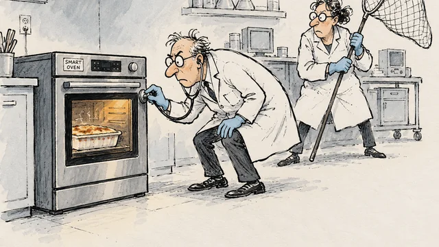 Satirical cartoon: two lab-coated researchers treat a smart oven like a patient — one presses a stethoscope to its door, the other stands ready with a butterfly net — while a casserole bakes inside; a satire of Anthropic's warning that small AI models may soon self-replicate on cheap IoT gadgets.