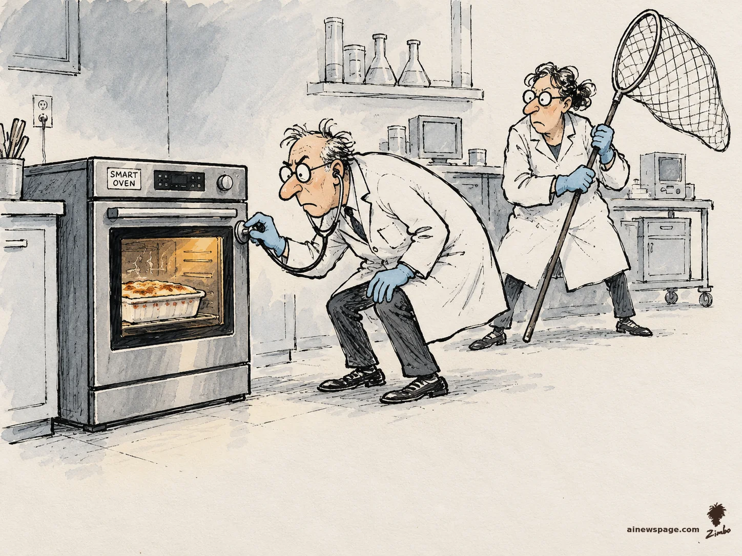 AI cartoon by Zimbo: Satirical cartoon: two lab-coated researchers treat a smart oven like a patient — one presses a stethoscope to its door, the other stands ready with a butterfly net — while a casserole bakes inside; a satire of Anthropic's warning that small AI models may soon self-replicate on cheap IoT gadgets.