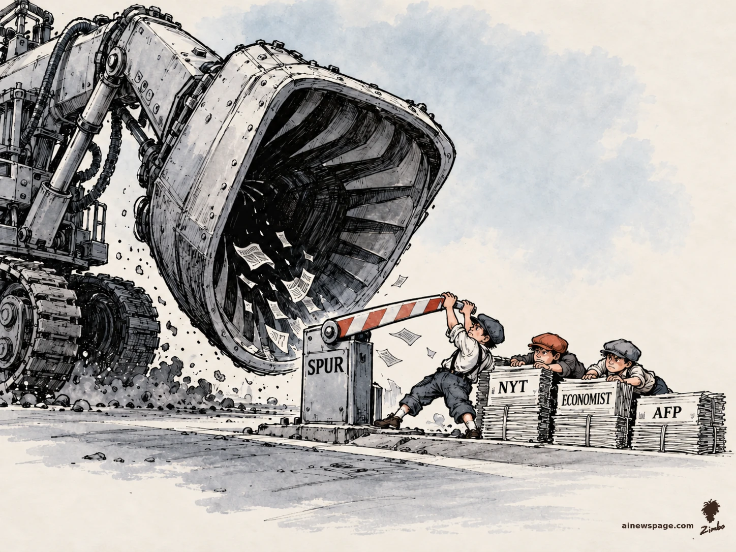 AI cartoon by Zimbo: Satirical cartoon: a gigantic mechanical vacuum-mouth excavator sucks in loose newspapers while three tiny paperboys slam down a miniature red-and-white toll barrier labeled SPUR, barricading behind newspaper stacks labeled NYT, ECONOMIST and AFP, on blank off-white paper.