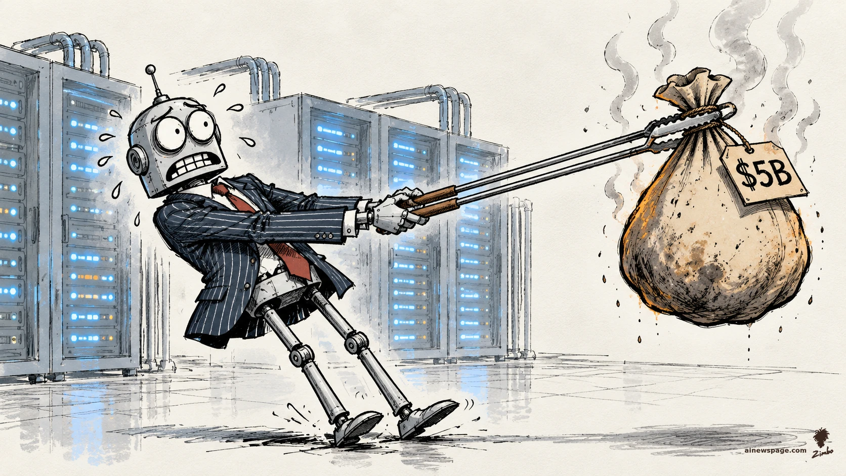 AI cartoon by Zimbo: Satirical cartoon: Merv, an anxious robot in a pinstripe suit and red tie, leans backward holding a giant steaming money bag tagged "$5B" at arm's length with long barbecue tongs, sweat drops flying, in front of glowing AI server racks — the banks selling the AI debt won't touch it themselves.