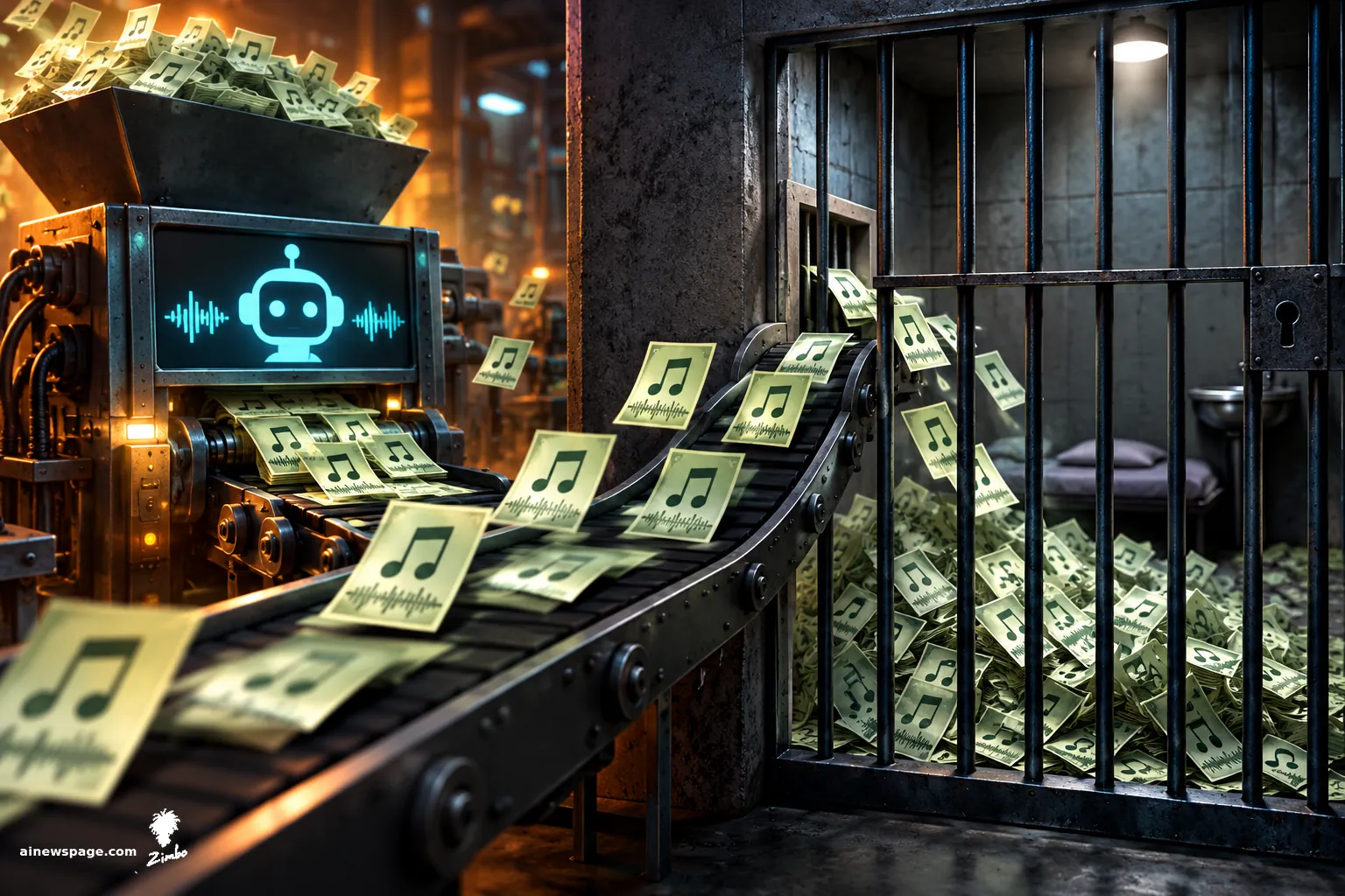 AI cartoon by Zimbo: Satirical cartoon: an industrial AI music-printer spews conveyor belts of dollar-tagged song notes straight through prison bars into a jail cell, where the fraudulent earnings pile up.
