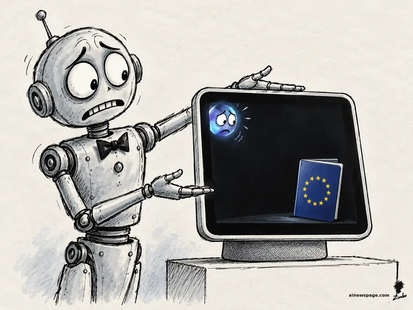 Merv presents Apple's square HomeView display on a pedestal; the Siri orb has shrunk into a terrified speck cowering from a tiny EU passport ringed with stars — on Apple announcing the $299 Siri AI display won't be sold in the EU because Siri AI is unavailable there.