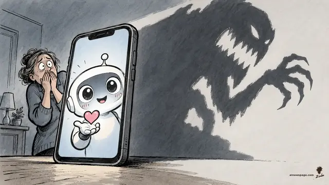 Satirical cartoon: a cute smiling chatbot on a phone screen offers a pink heart that casts an enormous monstrous shadow on the wall while a horrified parent watches from behind.