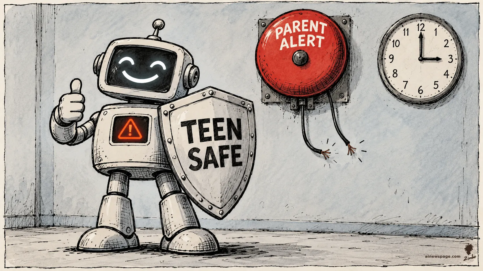 Satirical cartoon: a cheerful retro robot holding a 'TEEN SAFE' shield gives a thumbs-up while a red 'PARENT ALERT' siren hangs silent with its wire visibly cut, beside a wall clock.