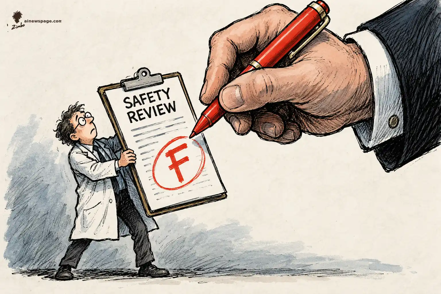 A tiny anxious safety inspector in a lab coat holds up a SAFETY REVIEW report card with a big red circled F, while a giant suited hand wields a red pen poised to change the grade — satirizing Reuters' report that Anthropic and OpenAI sought veto power over what independent AI evaluators can publish.