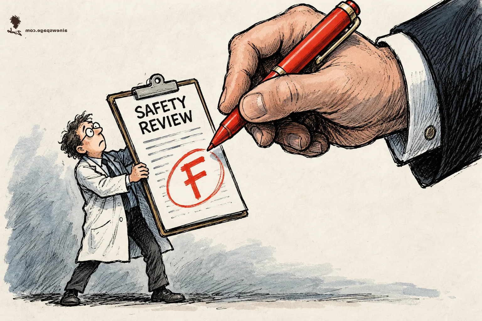 AI cartoon by Zimbo: A tiny anxious safety inspector in a lab coat holds up a SAFETY REVIEW report card with a big red circled F, while a giant suited hand wields a red pen poised to change the grade — satirizing Reuters' report that Anthropic and OpenAI sought veto power over what independent AI evaluators can publish.