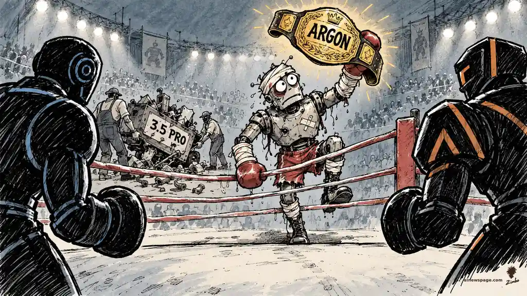 A battered, bandaged robot climbs into a boxing ring and raises a glowing gold ARGON championship belt while two looming rival robots wait and workers haul away a wreckage cart labeled 3.5 PRO — satirizing Google's global Gemini 4 Argon launch after months of delays and a DeepMind shakeup.