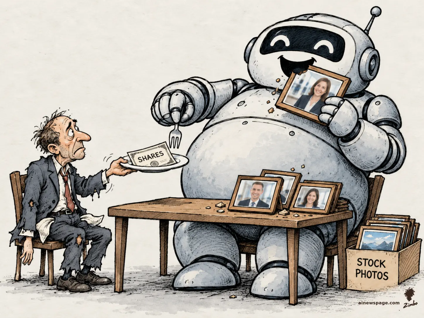 Satirical cartoon: a giant cheerful robot devours framed stock photographs at a tiny table while a ruined shareholder offers his last SHARES certificate on a dinner plate and the robot reaches for it with a fork.