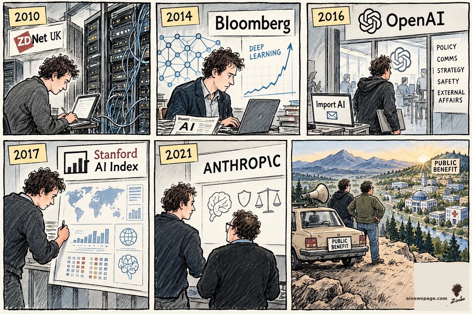 AI cartoon by Zimbo: Sunday strip: Jack Clark — 2010 ZDNet reporter at server racks; 2014 Bloomberg neural-net specialist; 2016 OpenAI policy director with Import AI; 2021 co-founds Anthropic; finale: Clark and Dario Amodei at a lookout in a megaphone-topped sedan, gazing at a PUBLIC BENEFIT valley.