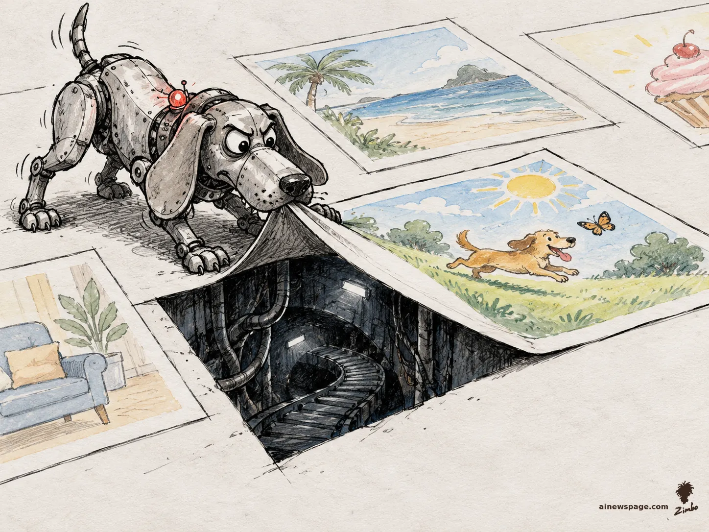 AI cartoon by Zimbo: Satirical cartoon: a riveted mechanical bloodhound bites the corner of a cheerful puppy advertisement and lifts it like a rug, revealing a dark tunnel with tracks beneath, while neighboring ads look perfectly normal.