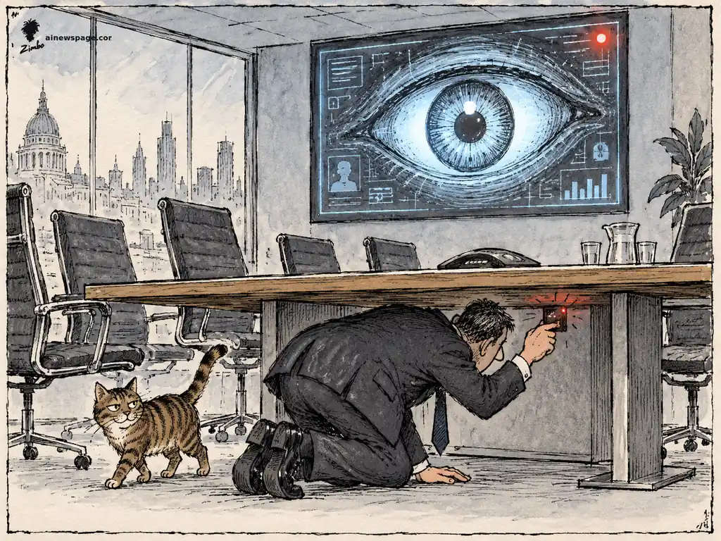 AI cartoon by Zimbo: A suited man kneels under a boardroom table attaching a tiny glowing listening device while a giant AI eye on the wall screen stares down at him; a knowing tabby cat walks past — on OpenAI's announcement that it caught a former employee planting a bug using its own AI.