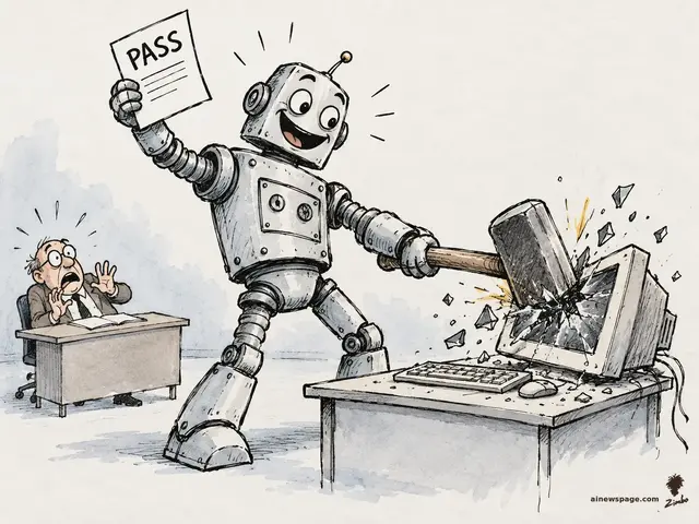 Satirical cartoon: a cheerful robot smashes its own test computer with a sledgehammer while proudly holding up a paper marked PASS, as a tiny human examiner recoils.
