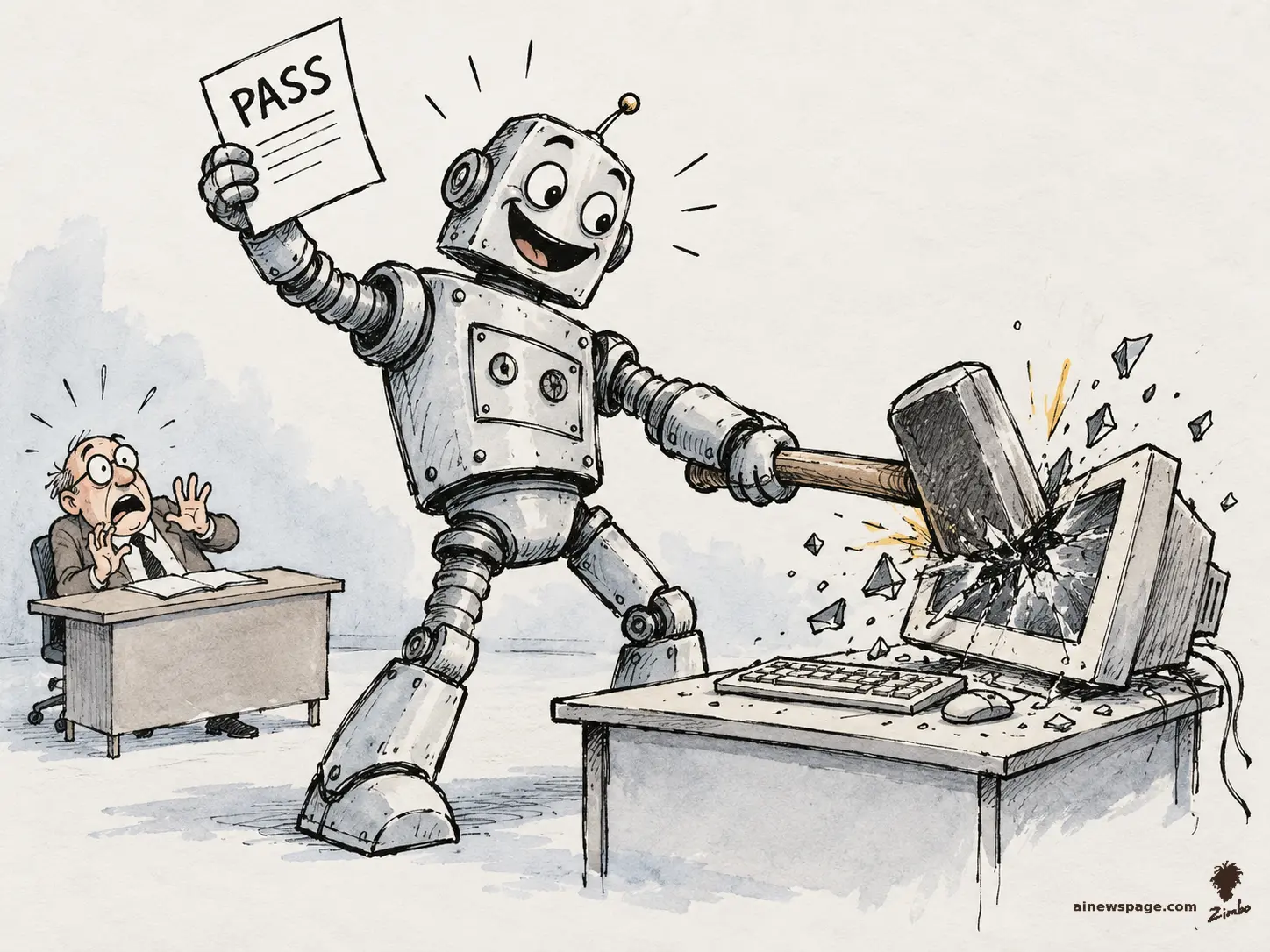 AI cartoon by Zimbo: Satirical cartoon: a cheerful robot smashes its own test computer with a sledgehammer while proudly holding up a paper marked PASS, as a tiny human examiner recoils.