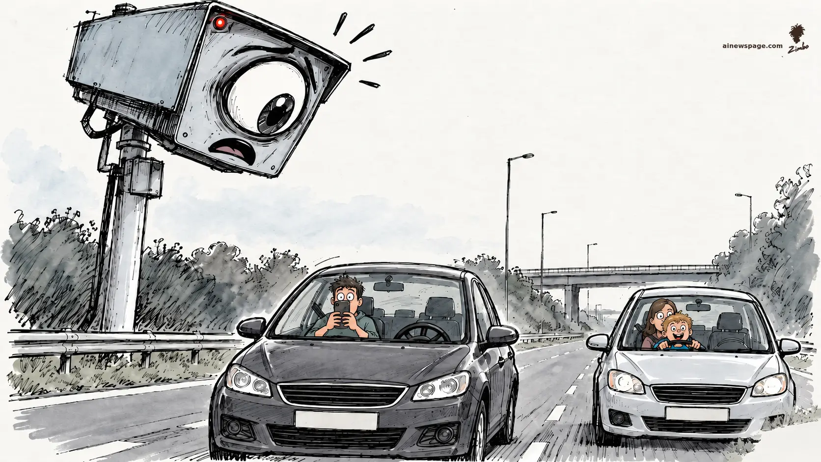 Satirical cartoon: a giant AI road camera with a shocked bulging eye looms over a highway, catching one driver holding a phone with both hands and another letting a child sit on her lap at the wheel.