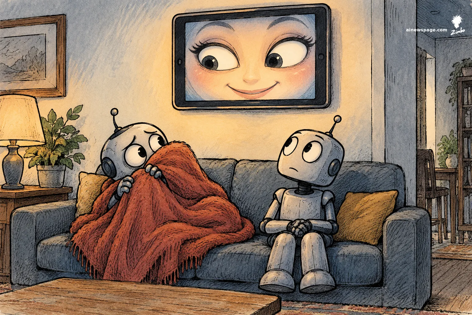 Satirical cartoon: a giant cheerful face on a wall-mounted smart display swivels its eyes toward a worried little robot hiding under a red blanket on the sofa while another robot watches.