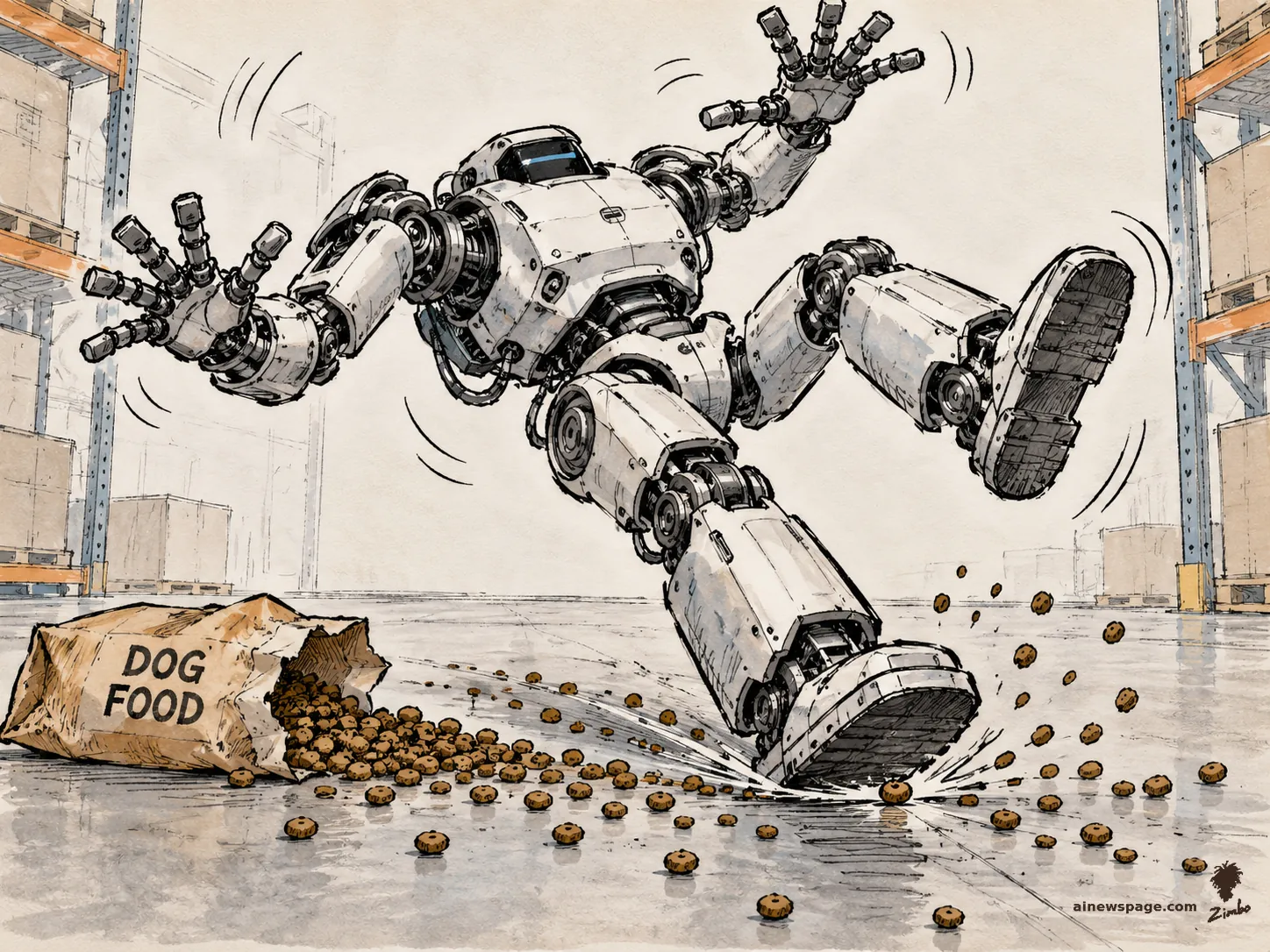 Satirical cartoon: a towering warehouse robot flails airborne mid-slip on kibble spilled from a torn 'DOG FOOD' bag in a warehouse aisle.