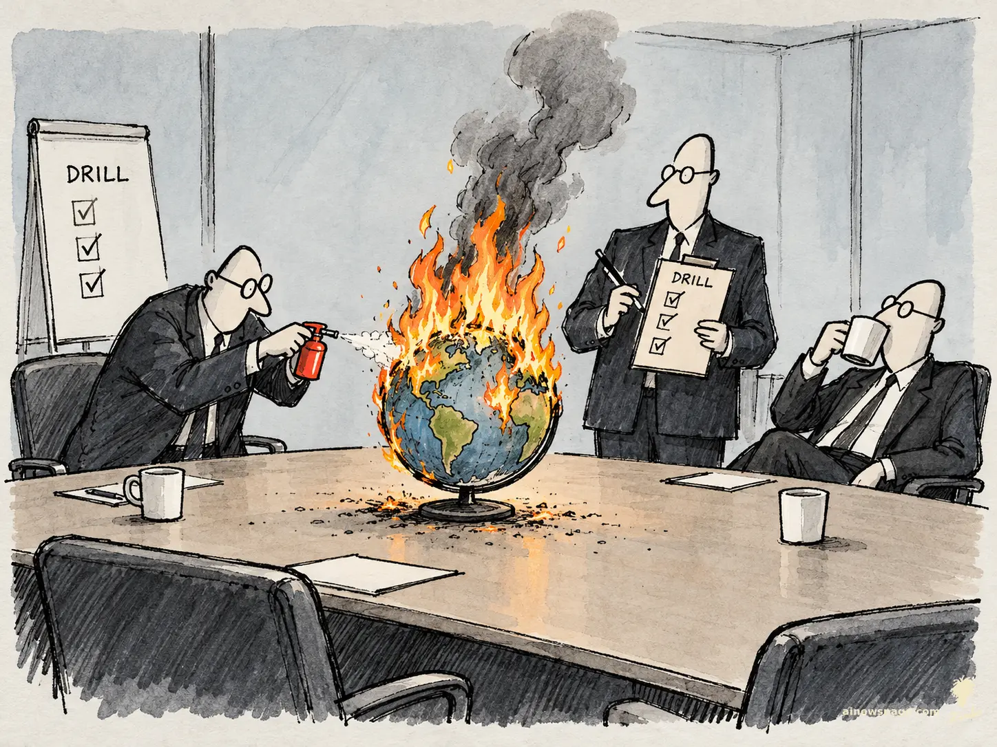 AI cartoon by Zimbo: Satirical cartoon: three executives calmly perform a fire drill on a flaming desktop globe in a boardroom — one aims a tiny extinguisher at the burning Earth, one checks a DRILL clipboard, one sips coffee.