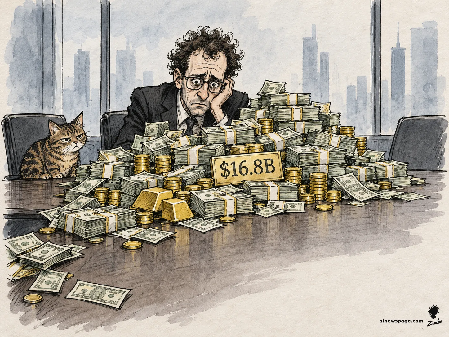 AI cartoon by Zimbo: A gaunt, haunted-looking Anthropic CEO Dario Amodei slumps cheek-in-hand at a boardroom table buried under cash, gold coins and a gold $16.8B plaque, while an unimpressed cat watches from a nearby chair. On Anthropic telling investors Q3 revenue jumped to $16.8B with a first adjusted-basis profit.