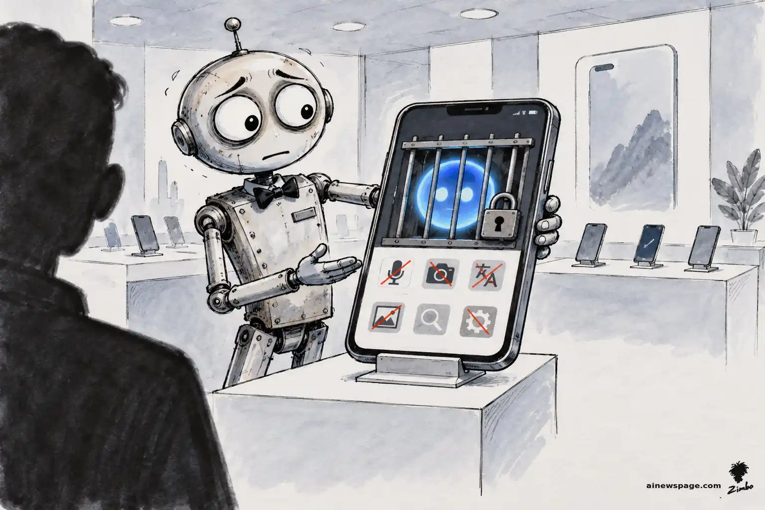 AI cartoon by Zimbo: An anxious robot salesman proudly presents an iPhone to a customer; the Siri orb on the screen sits caged behind bars under a padlock, and icons for voice, camera, translation, image, and settings are crossed out in red. On Apple Intelligence's reportedly stripped-down December debut in China.