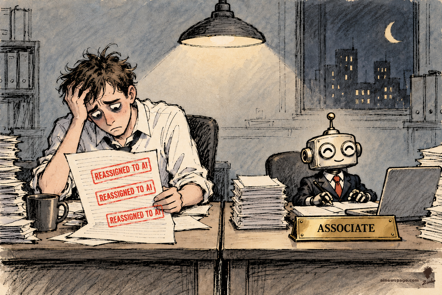 AI cartoon by Zimbo: Satirical cartoon: a hollow-eyed young lawyer stares at a timesheet stamped ‘REASSIGNED TO AI’ three times while a smug tiny robot in a suit and tie works at the next desk under a brass ‘ASSOCIATE’ nameplate.