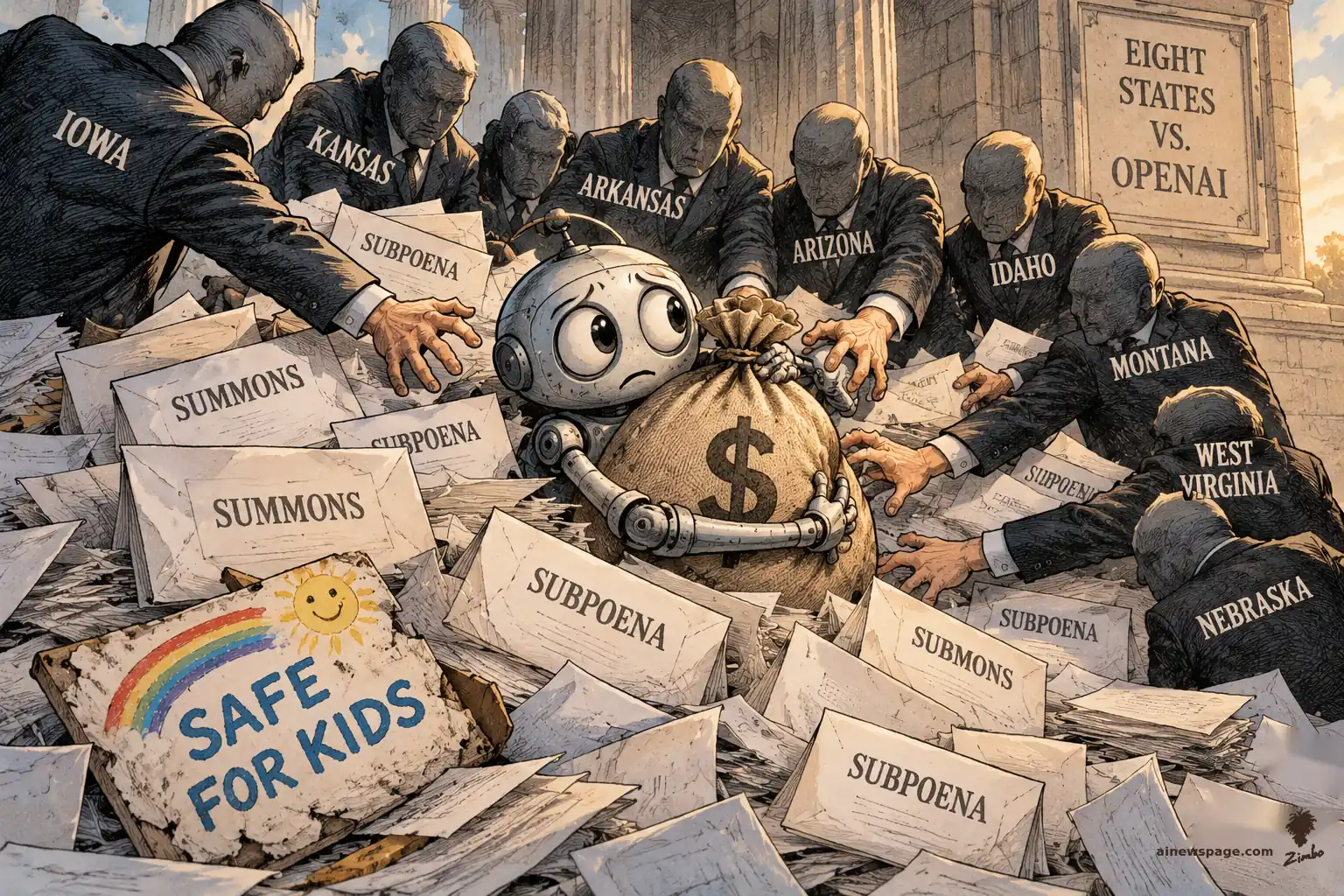 AI cartoon by Zimbo: A worried robot clutches a giant dollar money bag while eight state-labeled suited figures reach to seize it, buried in subpoena and summons envelopes; a crushed SAFE FOR KIDS sign lies nearby. On eight states suing OpenAI over ChatGPT child-safety claims.