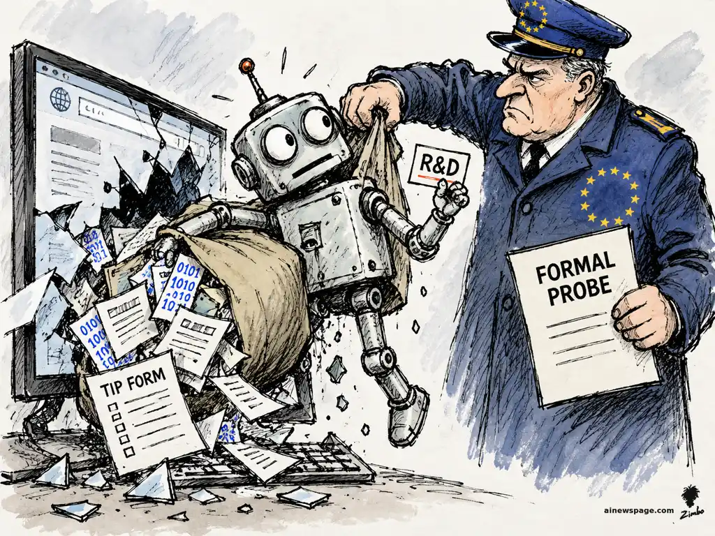 AI cartoon by Zimbo: An EU inspector in a blue star-spangled uniform grabs a small test robot by the antenna and serves it a FORMAL PROBE notice; the robot, burst through a shattered screen with documents spilling everywhere, calmly holds up a tiny R&D card. On the EU's formal AI Act probes into OpenAI and Anthropic.