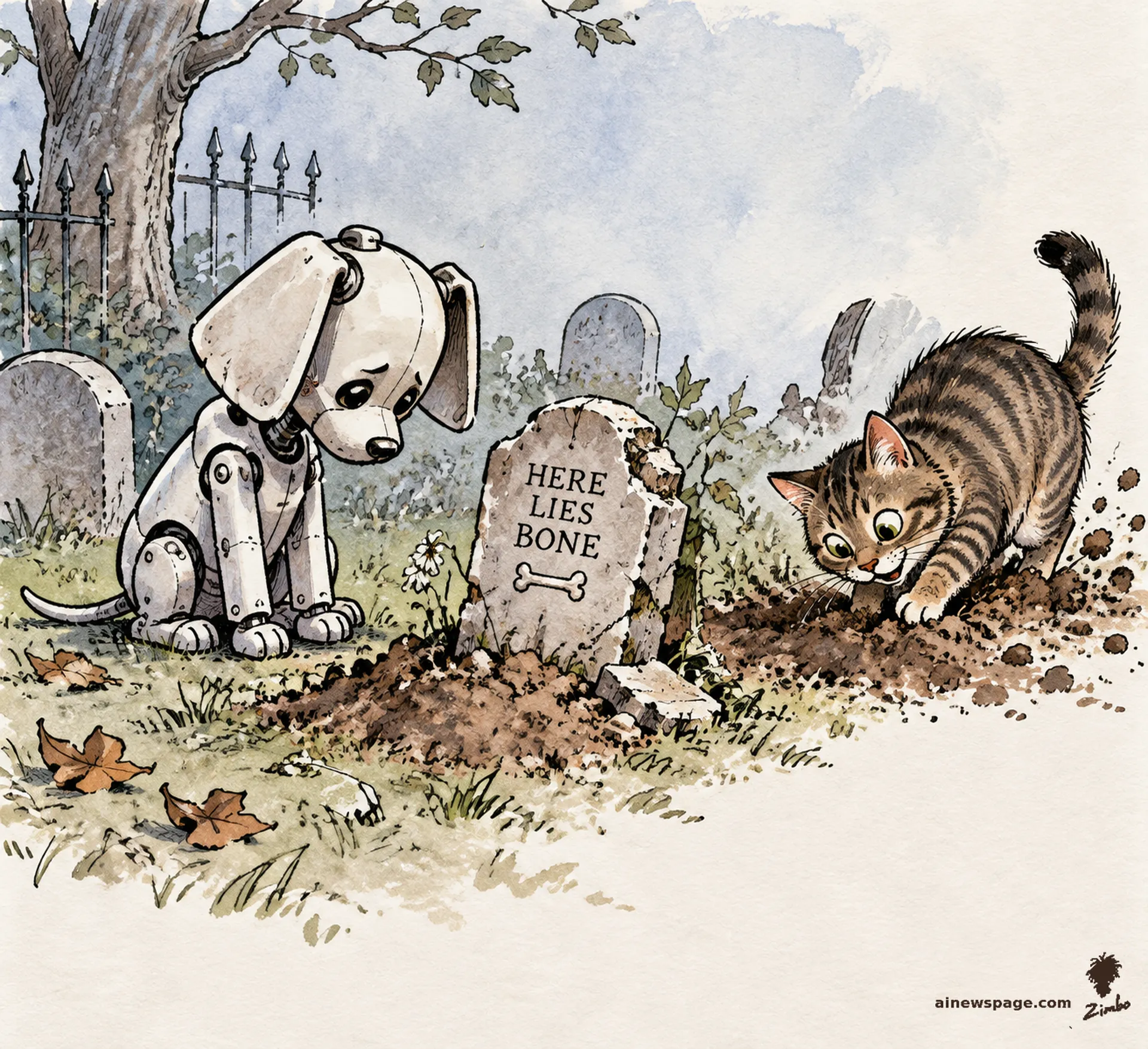 AI cartoon by Zimbo: A robot dog mourns at a crumbling headstone reading HERE LIES BONE while a tabby cat digs cheerfully beside it.
