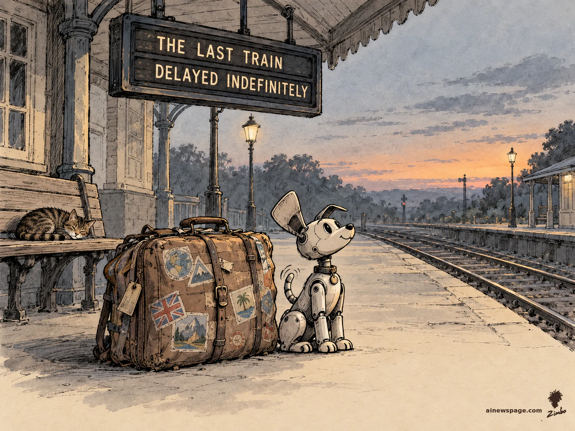 AI cartoon by Zimbo: Buddy the robot dog sits proudly beside an overstuffed stickered suitcase on an empty station platform at dusk, scanning empty tracks; the board reads THE LAST TRAIN — DELAYED INDEFINITELY; Issue the tabby sleeps on a bench.