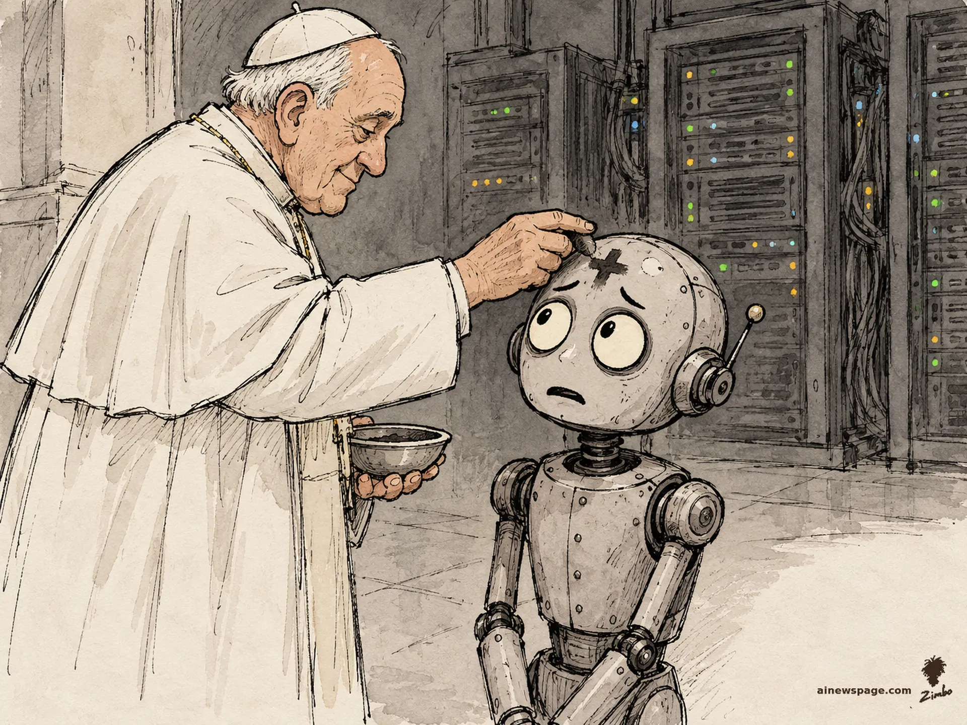 AI cartoon by Zimbo: A priest in white vestments presses an ash cross onto the forehead of a small worried robot standing before glowing server racks.