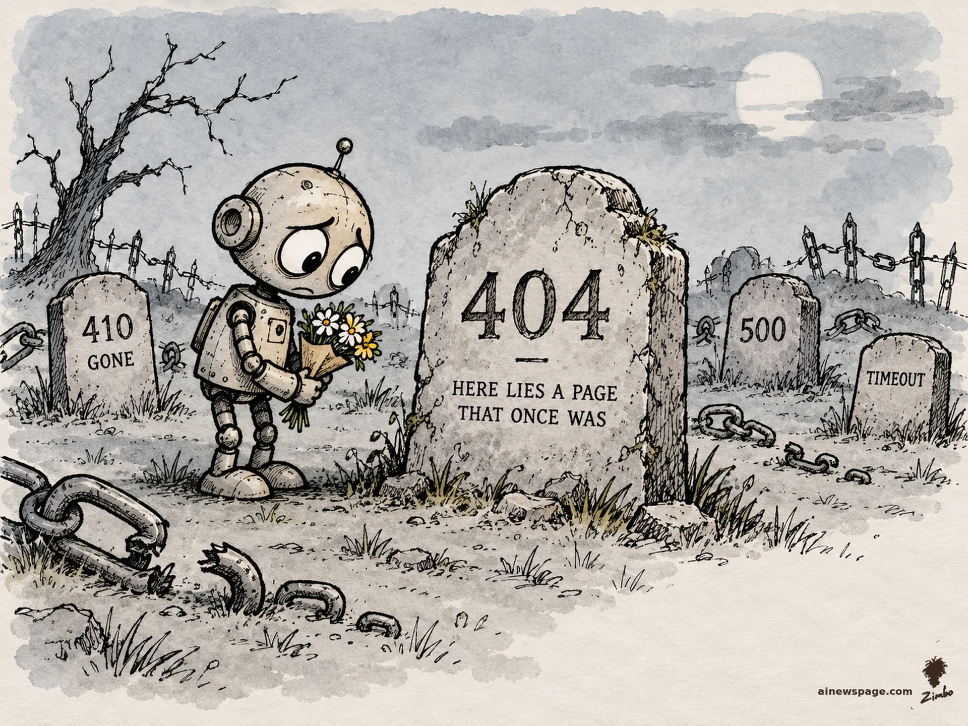 AI cartoon by Zimbo: A worried robot lays flowers at a weathered tombstone reading 404 — HERE LIES A PAGE THAT ONCE WAS, among broken chains and stones reading 410 GONE, 500, TIMEOUT.