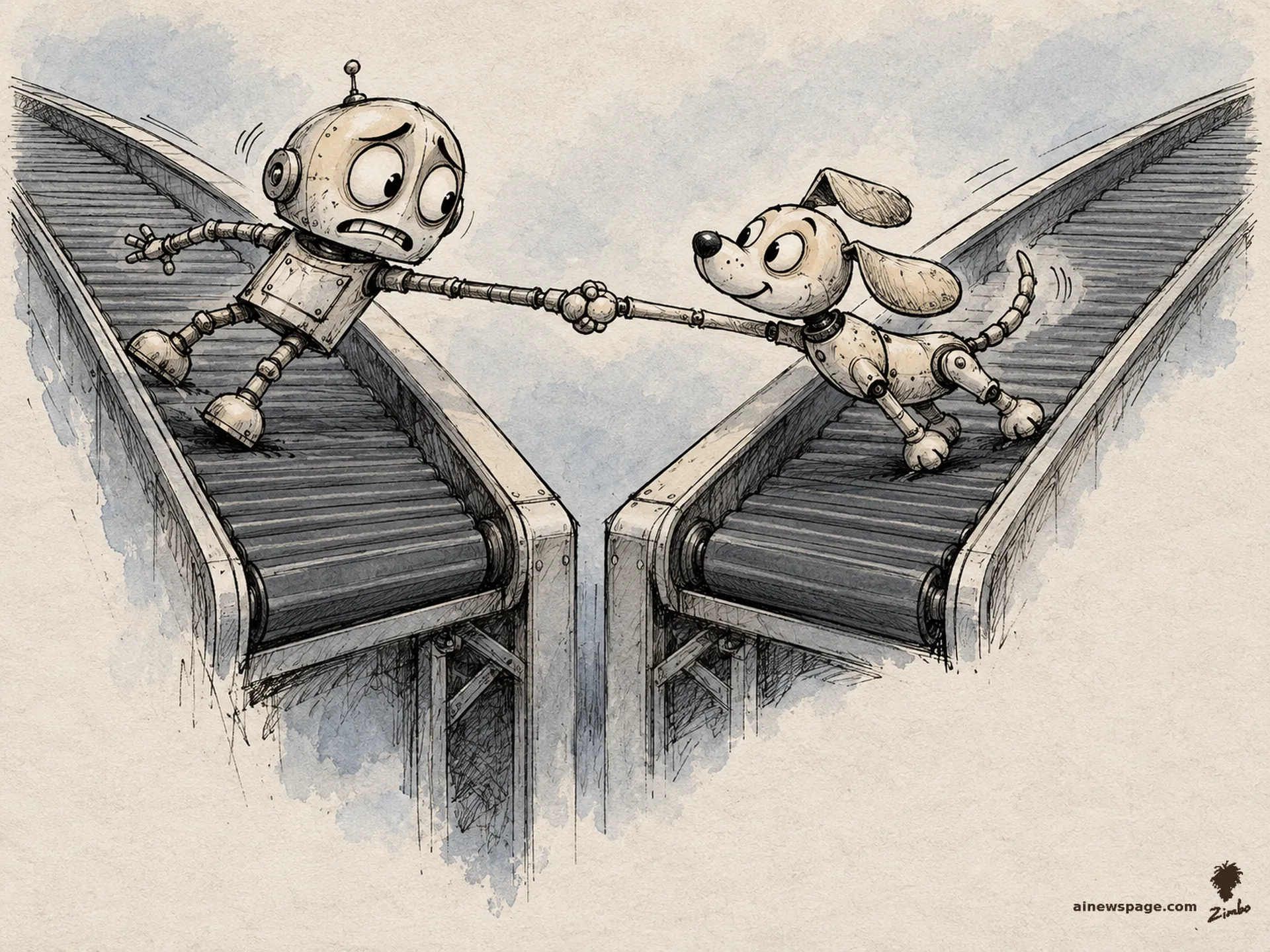 AI cartoon by Zimbo: Merv the robot and Buddy the robot dog walk hand-in-paw as the moving walkway beneath them splits into two directions, pulling them apart while they grip tighter.