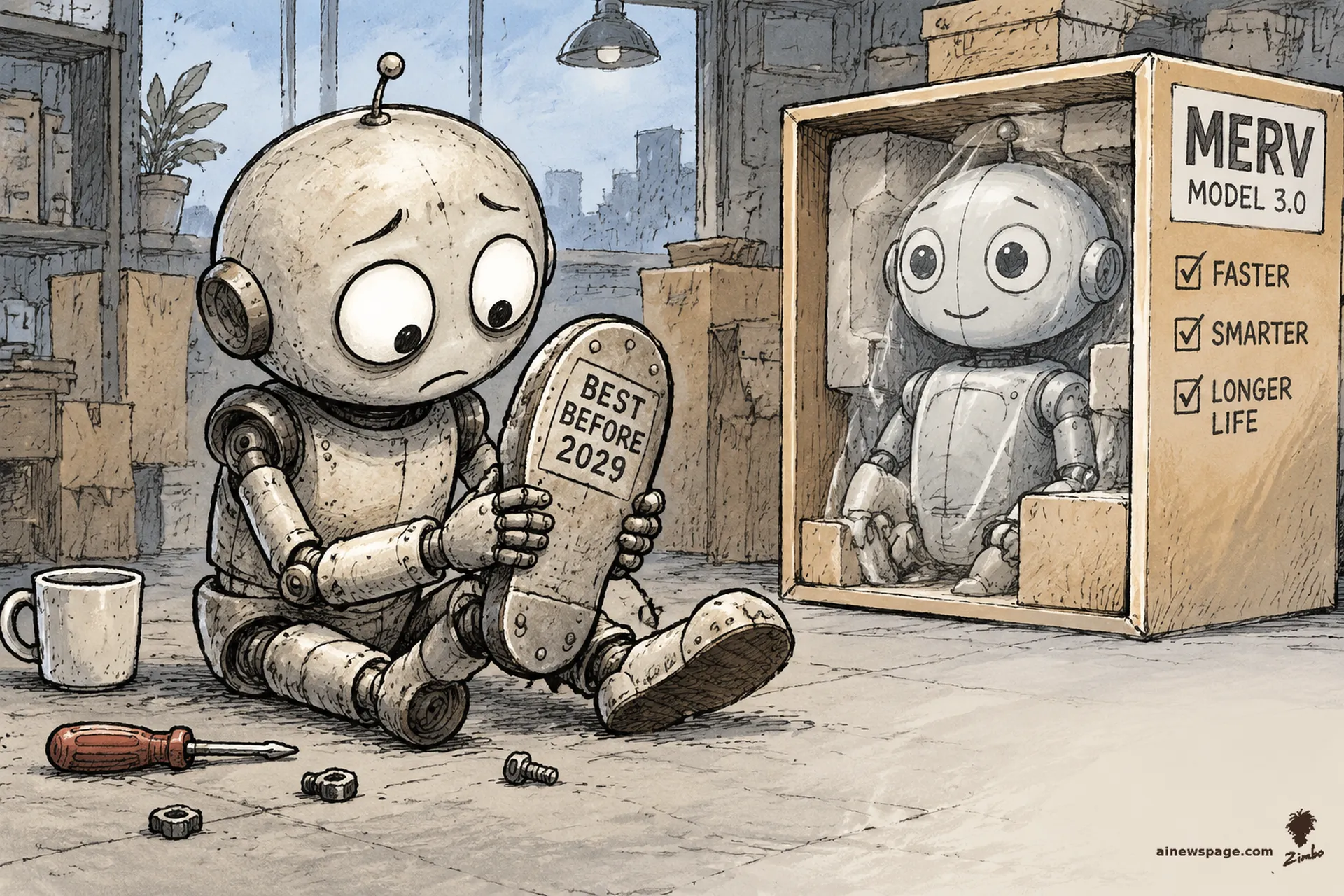 AI cartoon by Zimbo: A worried robot sits holding his own foot, which is stamped BEST BEFORE 2029; beside him a boxed MERV MODEL 3.0 advertises FASTER, SMARTER, LONGER LIFE.
