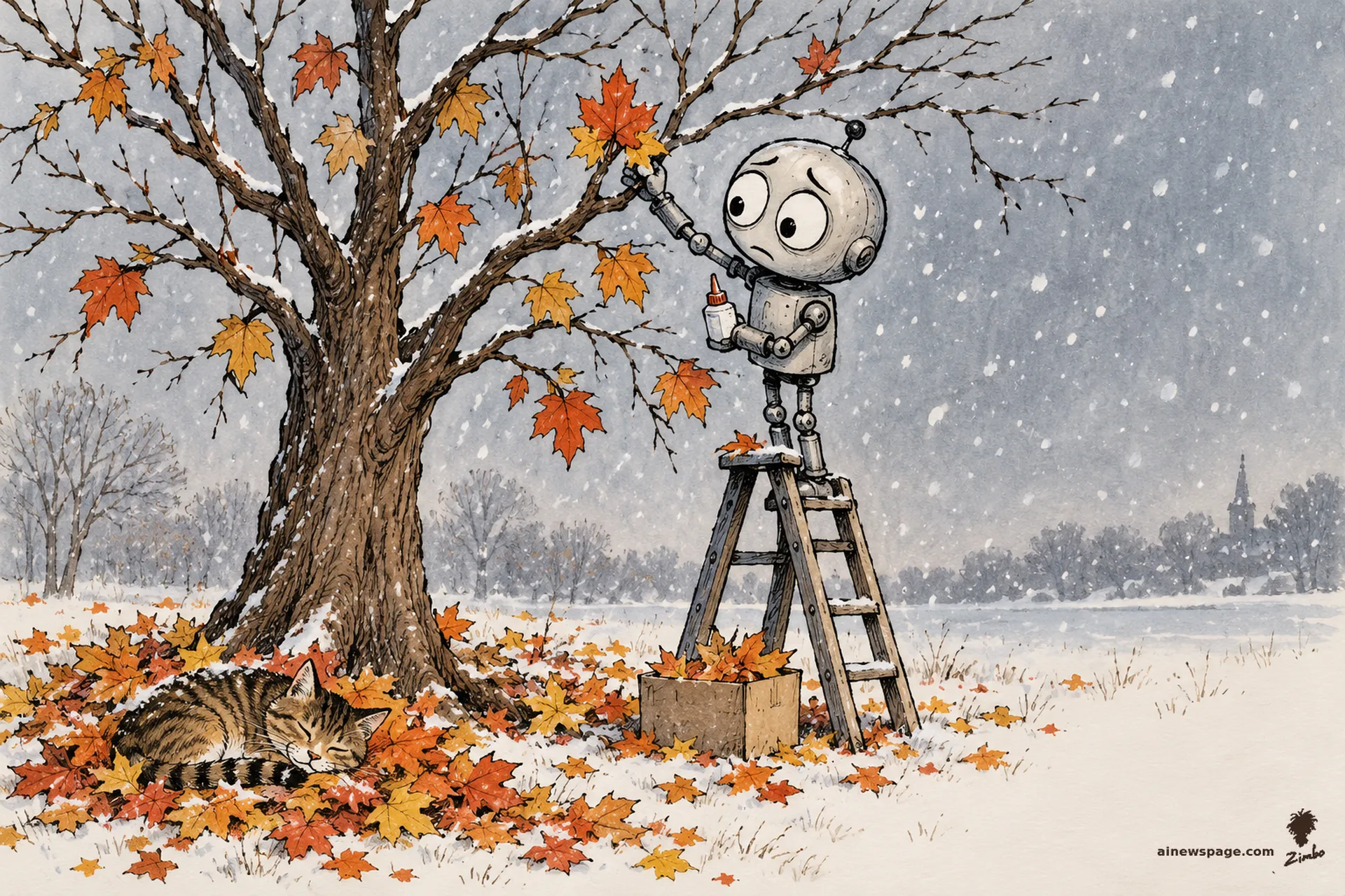 AI cartoon by Zimbo: Merv the anxious robot stands on a stepladder gluing fallen autumn leaves back onto a bare tree as the first snowflakes of winter drift onto his shoulders; Issue the tabby naps in a leaf pile at the base.