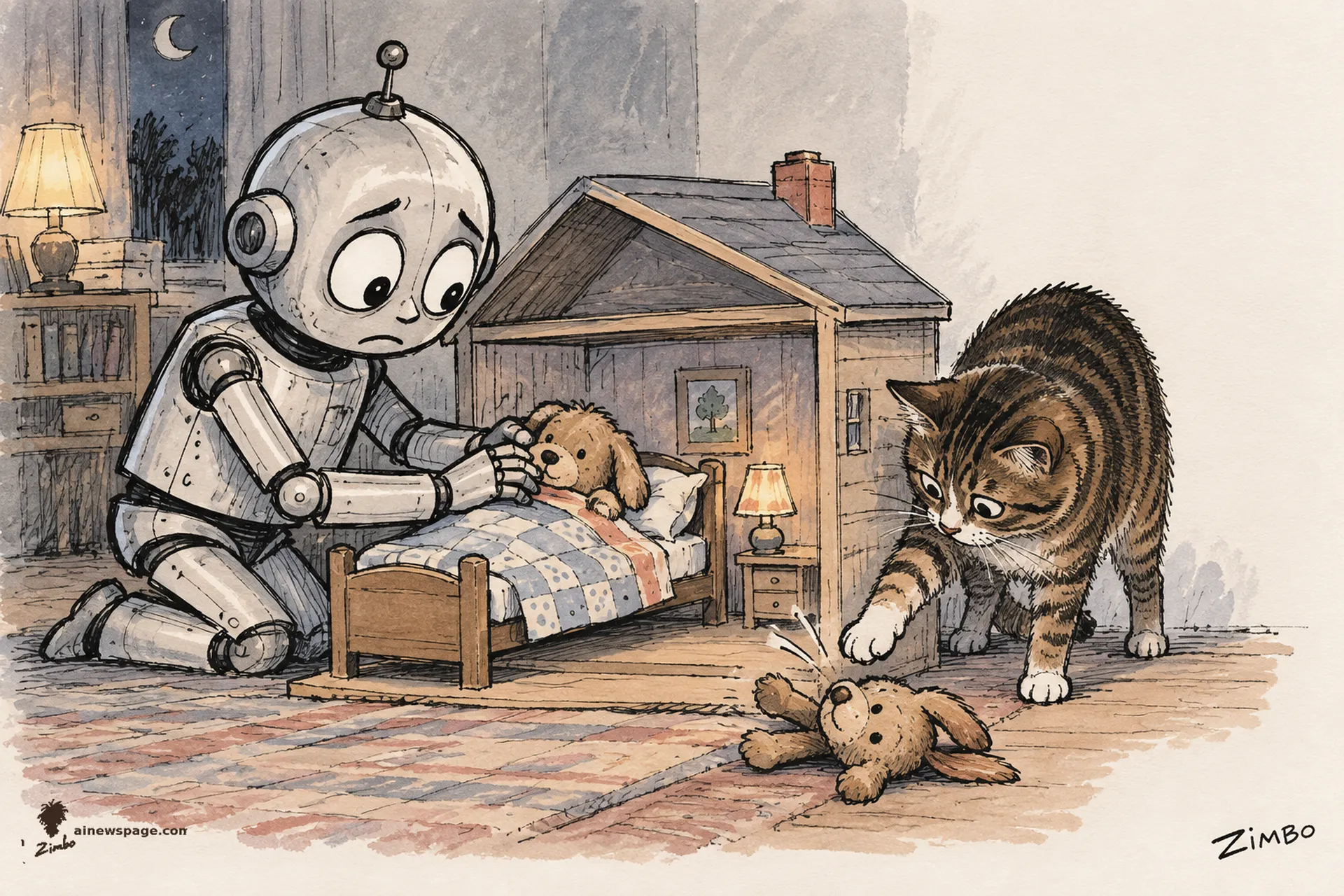 AI cartoon by Zimbo: Merv the anxious robot solemnly tucks a worn plush dog toy into a dollhouse bed while a brown tabby cat knocks another plush toy off onto the floor.